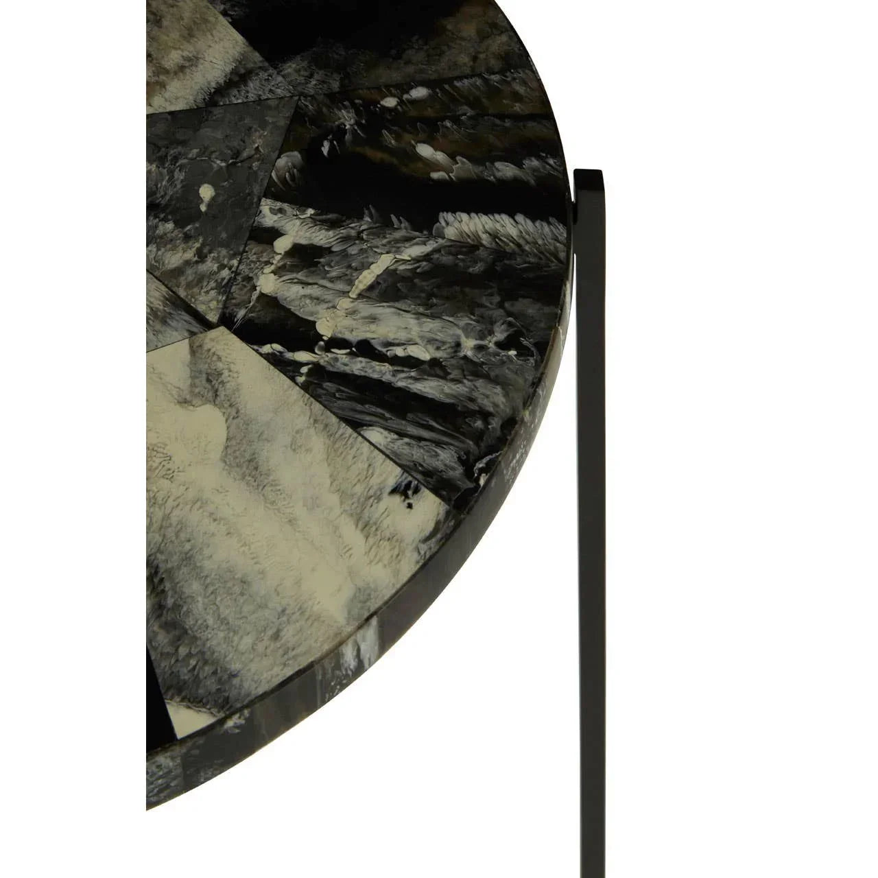 Round side table with black and cream marble effect top and slim black metal leg
