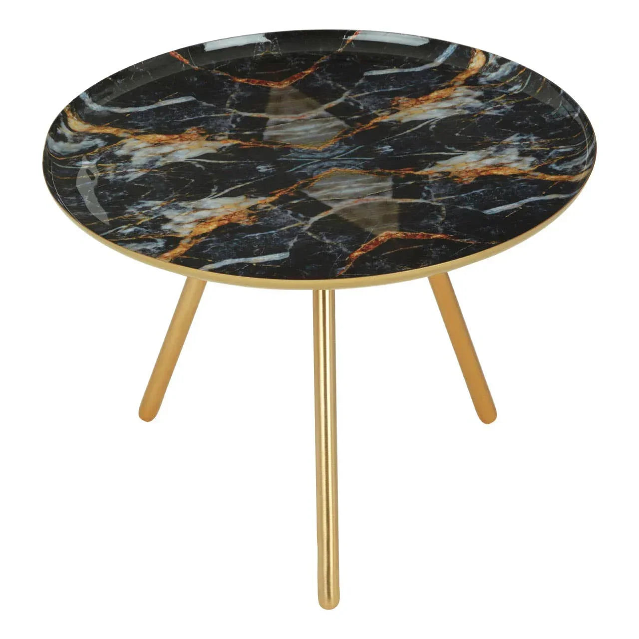 round black marble side table with gold legs and tray top