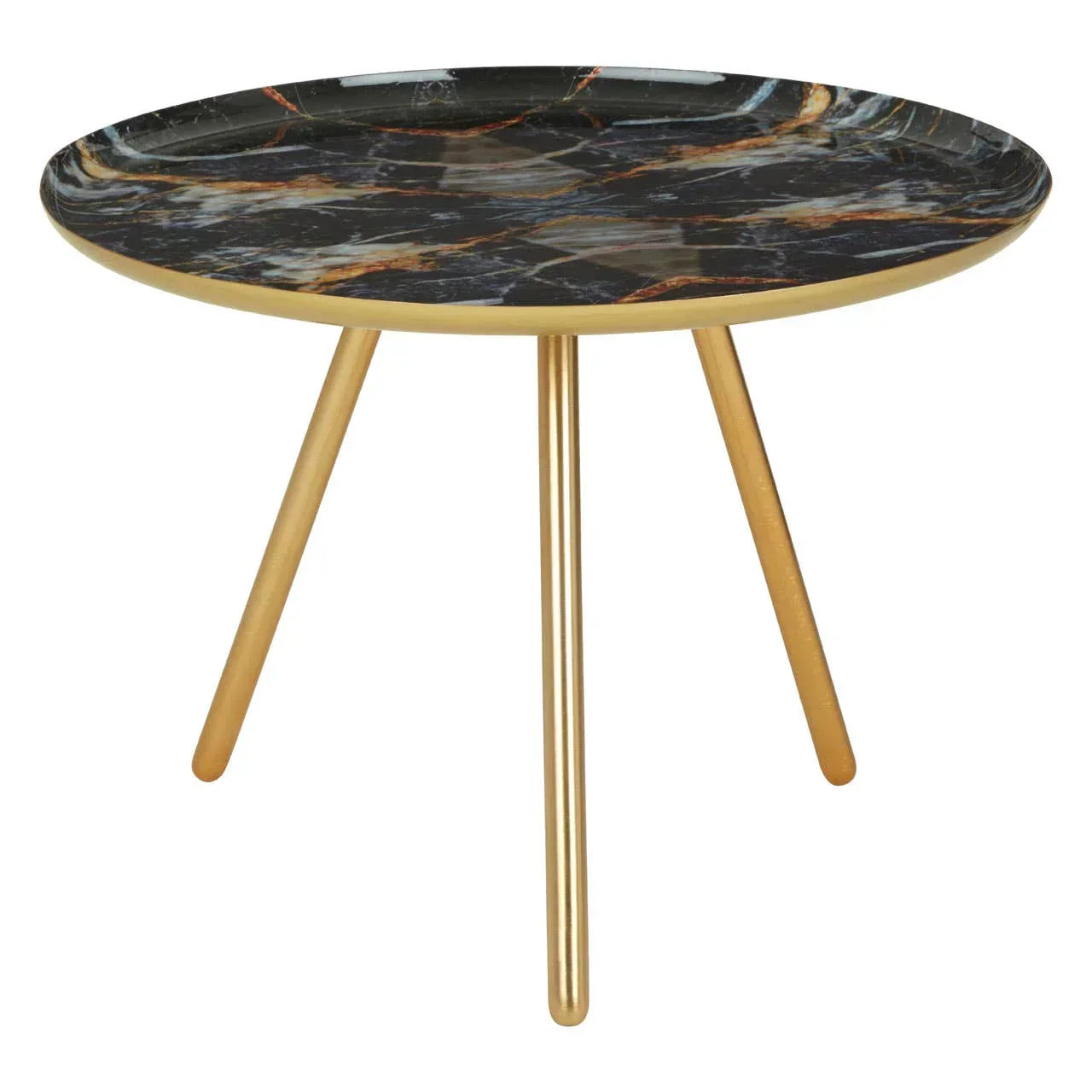 round side table with black marble top and gold metal legs