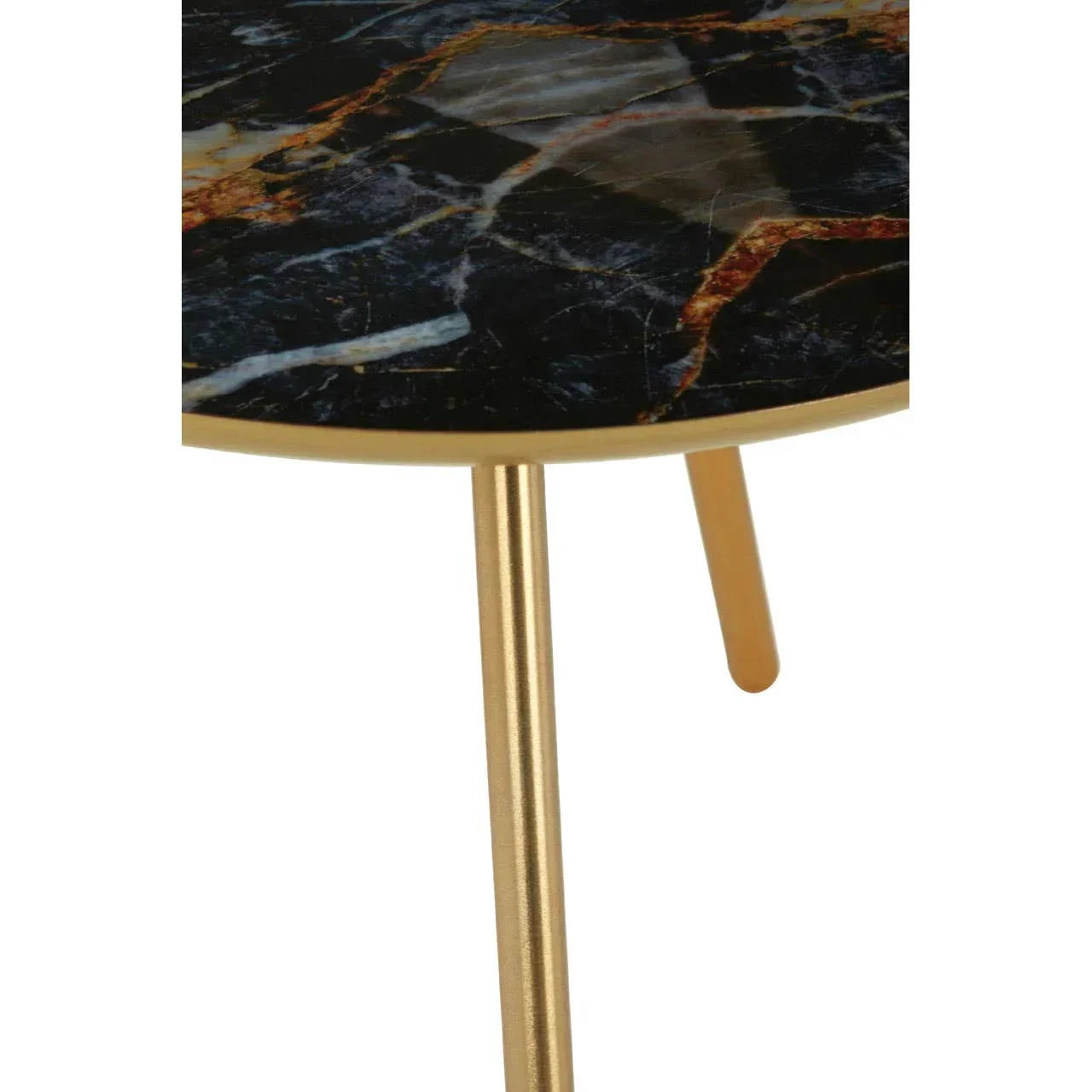 Round marble effect side table with gold metal legs, close-up corner view