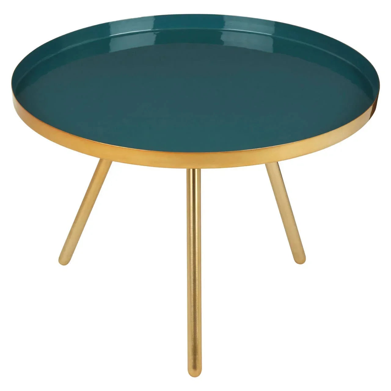 Round green tray coffee table with gold frame and three gold legs