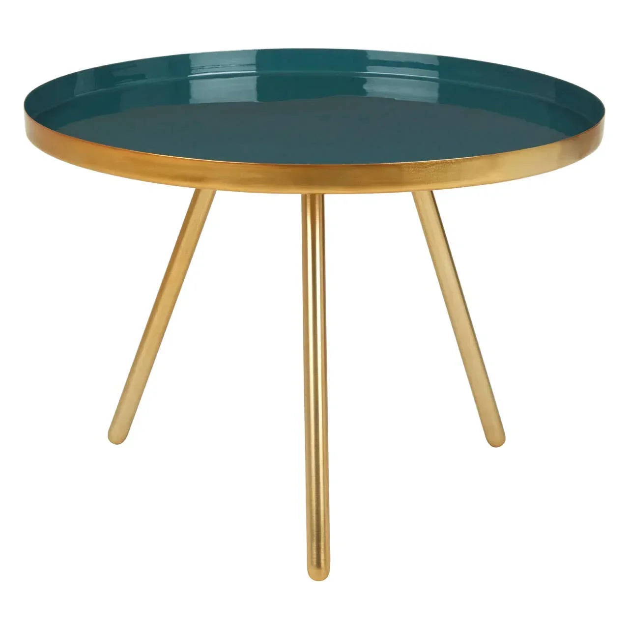 Round gold side table with teal top and three legs on white background