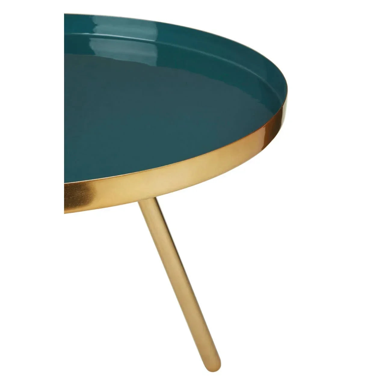 Round teal and gold coffee table with metal frame and raised edge, close-up view