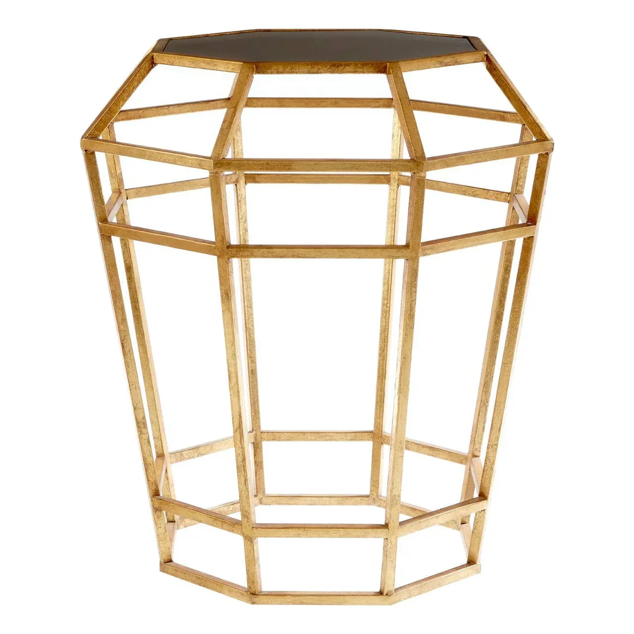 Geometric gold metal side table with black glass top, open frame design