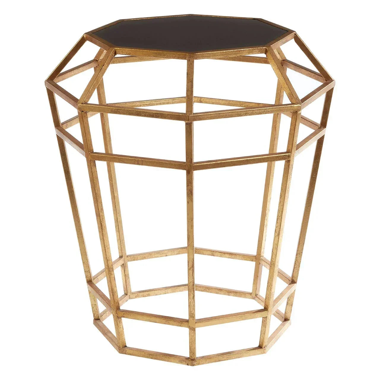 Geometric gold metal side table with black glass top, modern open frame design