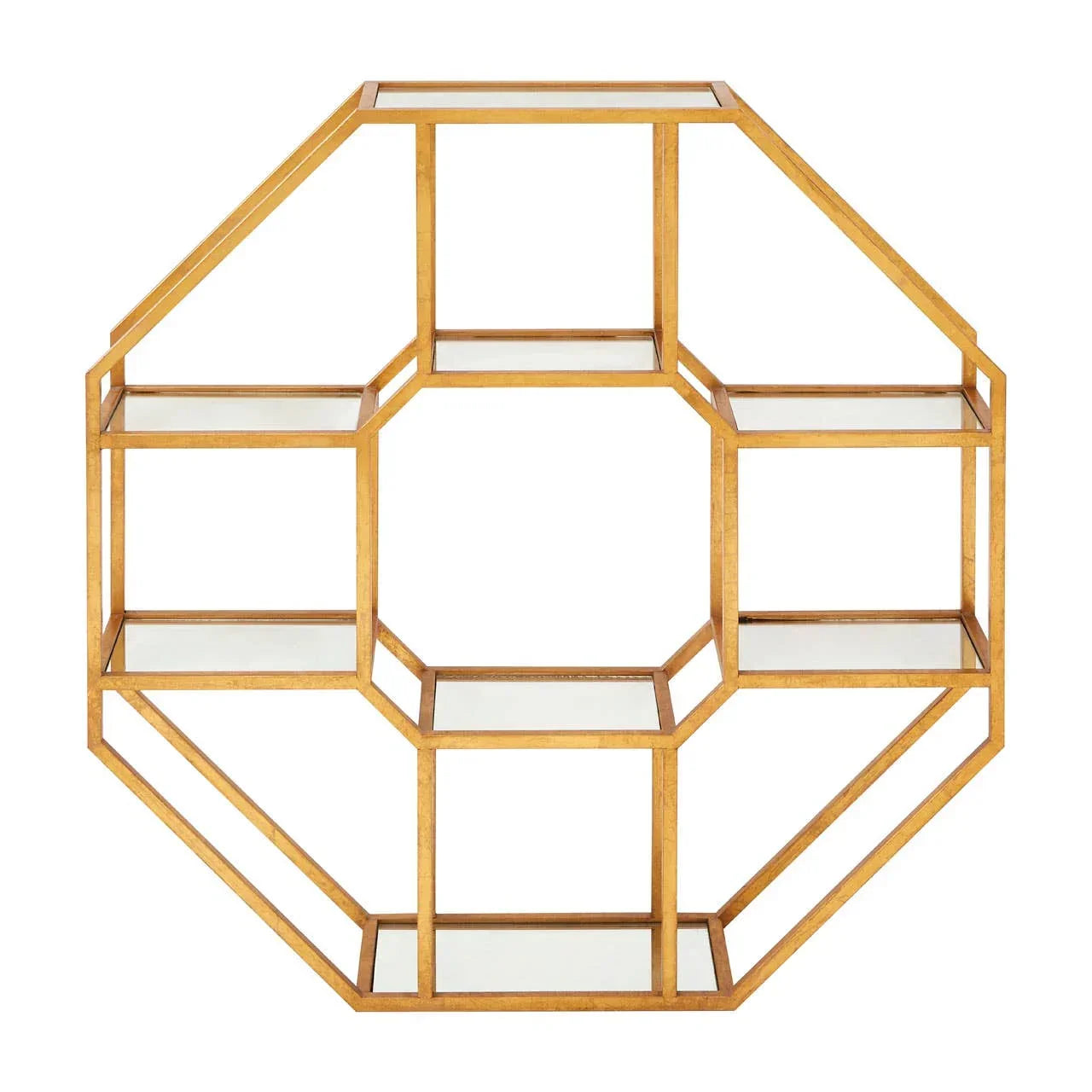 Geometric gold metal wall shelf unit with glass shelves and open octagonal design