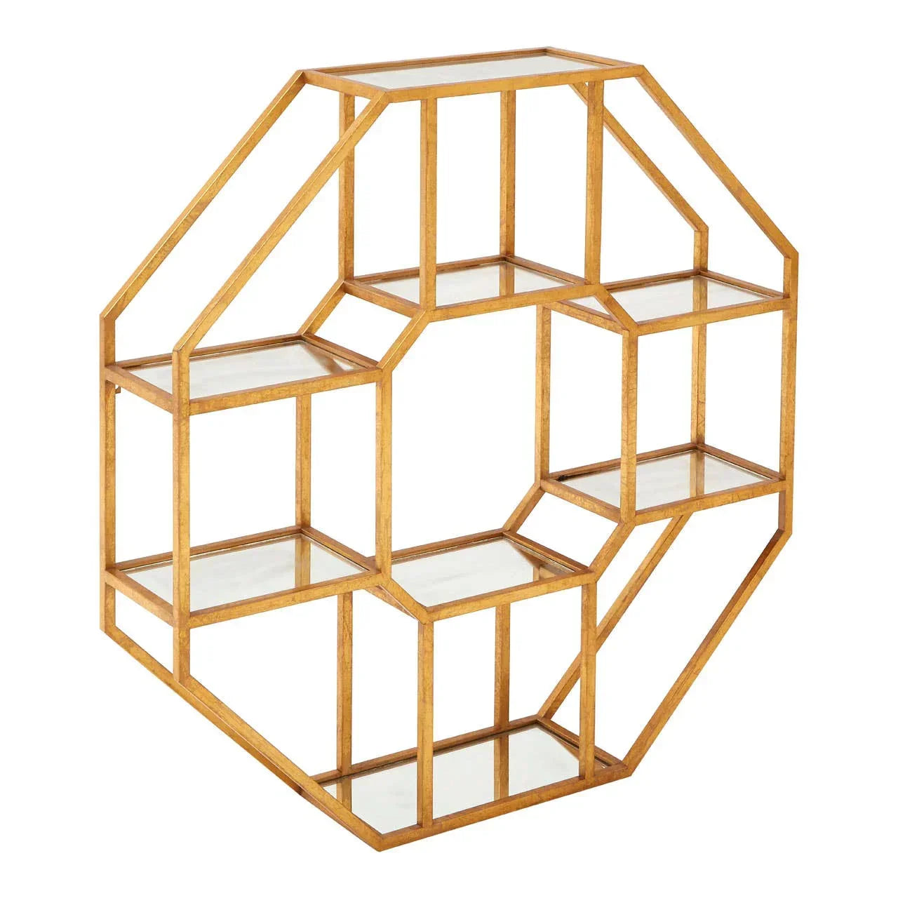 Gold metal and glass geometric shelving unit with octagonal frame and multiple shelves