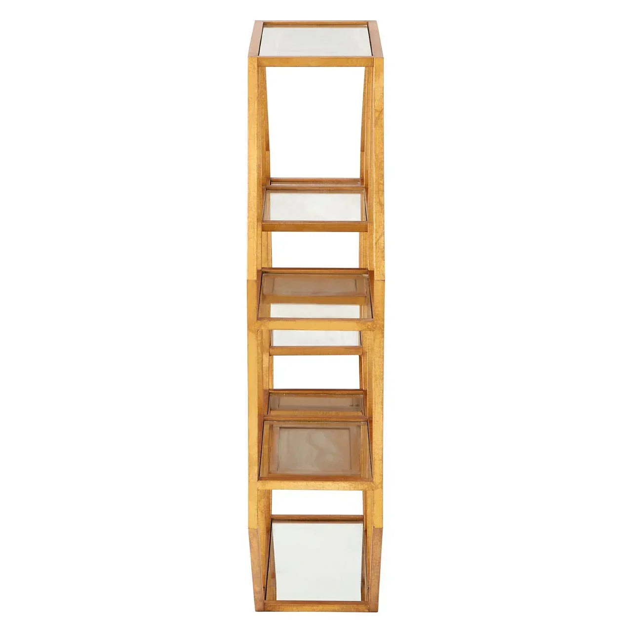 Tall wooden shelving unit with glass shelves, viewed from the front