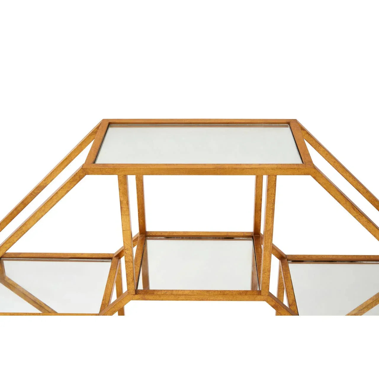 Gold metal and glass coffee table with geometric frame, top and shelf view