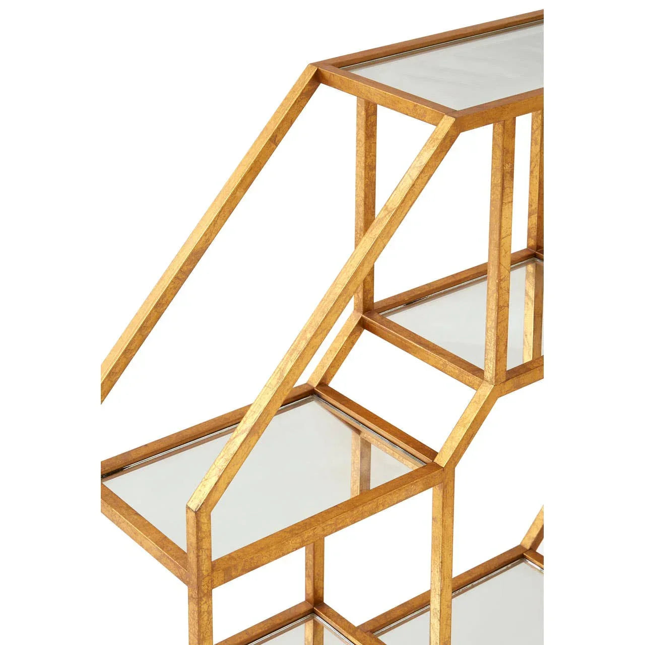 Gold metal and glass shelving unit with geometric frame, close-up of shelves and structure
