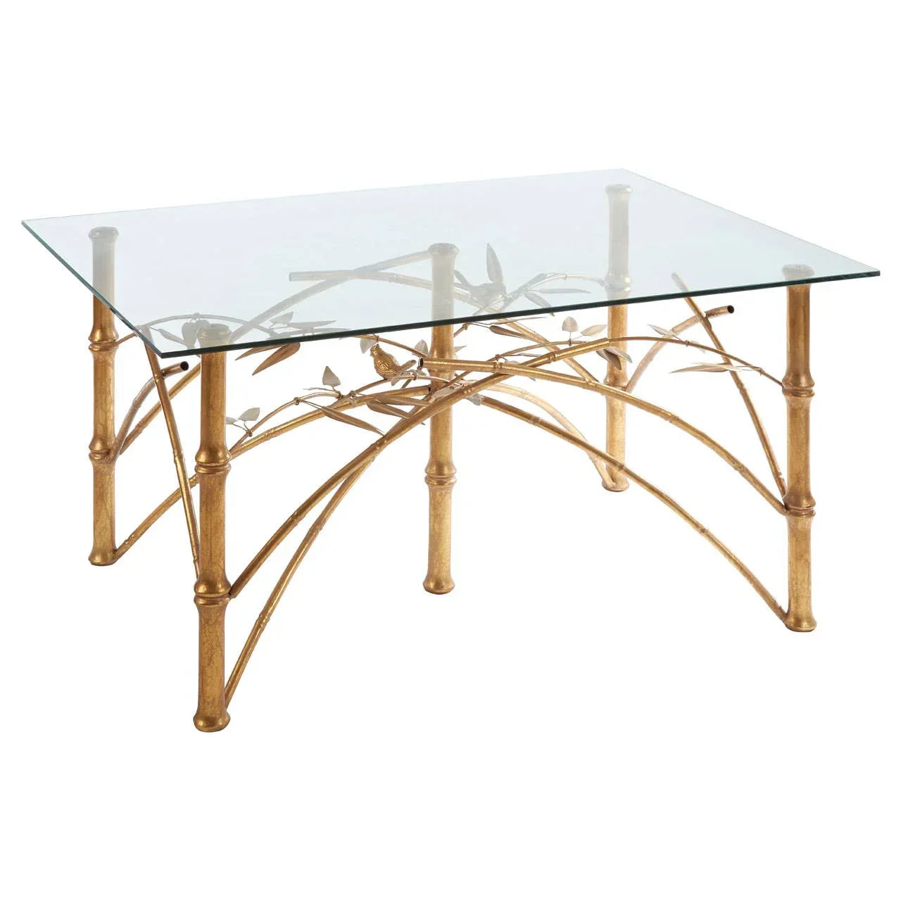 Glass coffee table with gold metal bamboo frame and leaf detail