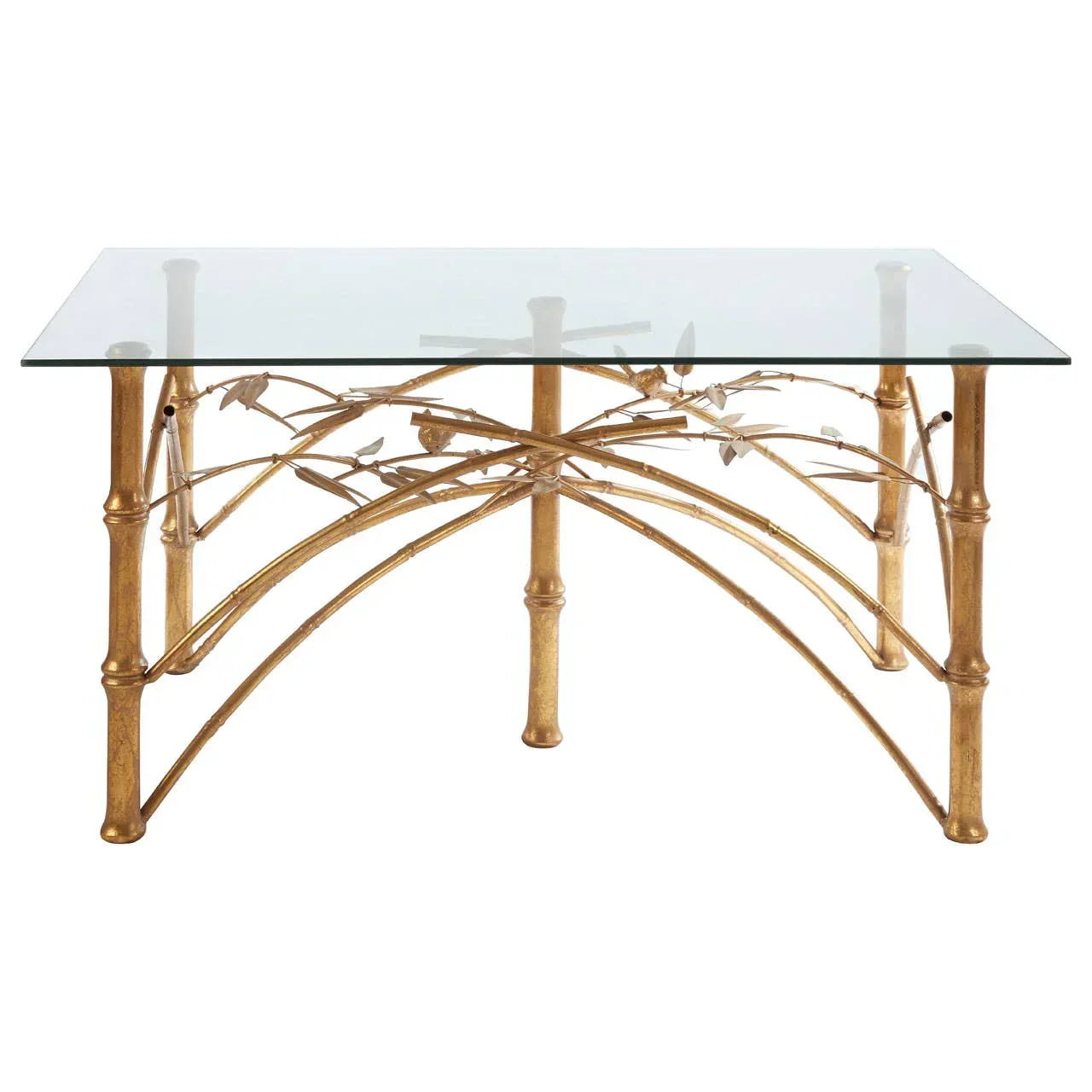 Glass coffee table with gold bamboo-style metal frame and decorative bird details