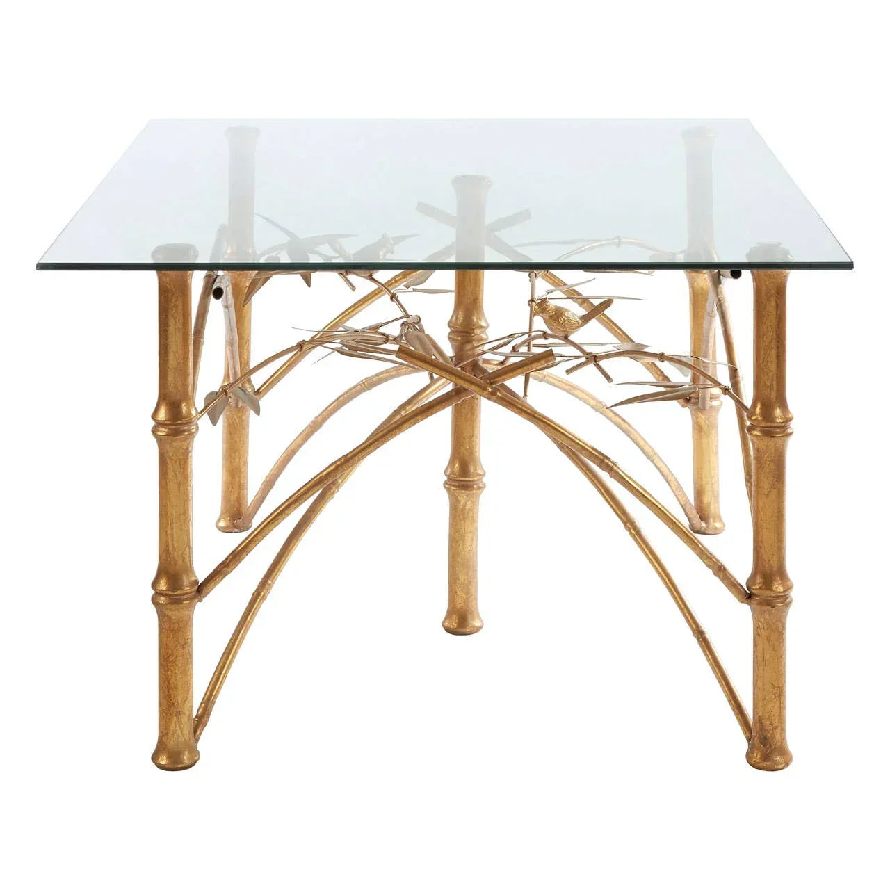 Square glass top coffee table with gold bamboo-effect metal legs and bird detail
