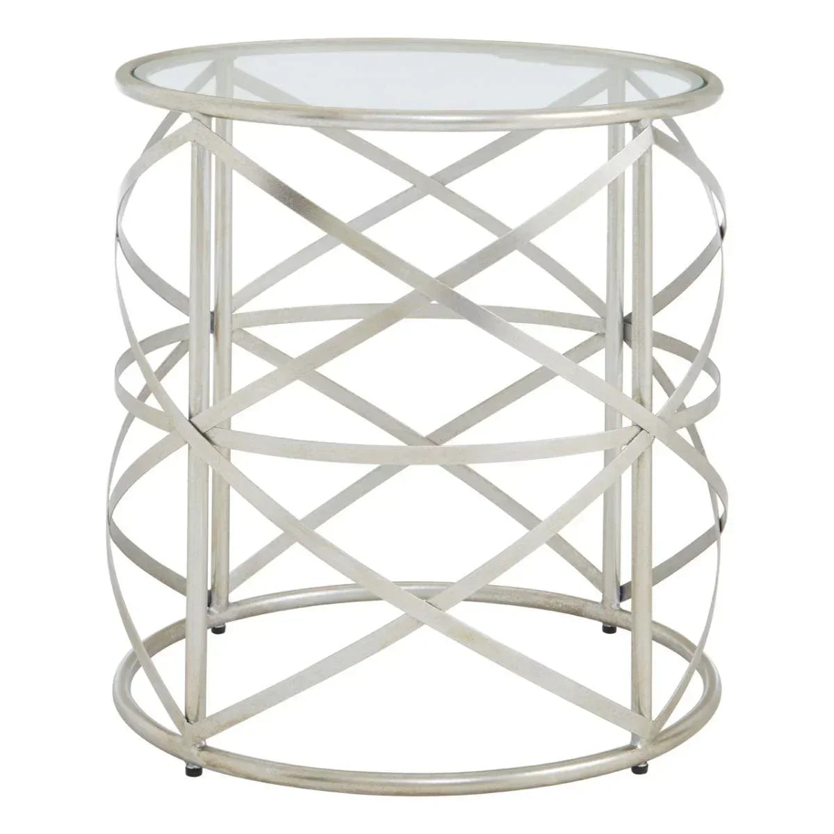 Round glass top side table with silver metal lattice base