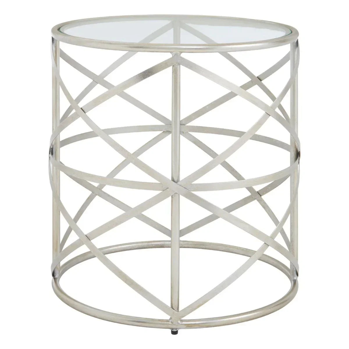 Round glass top side table with silver geometric metal frame