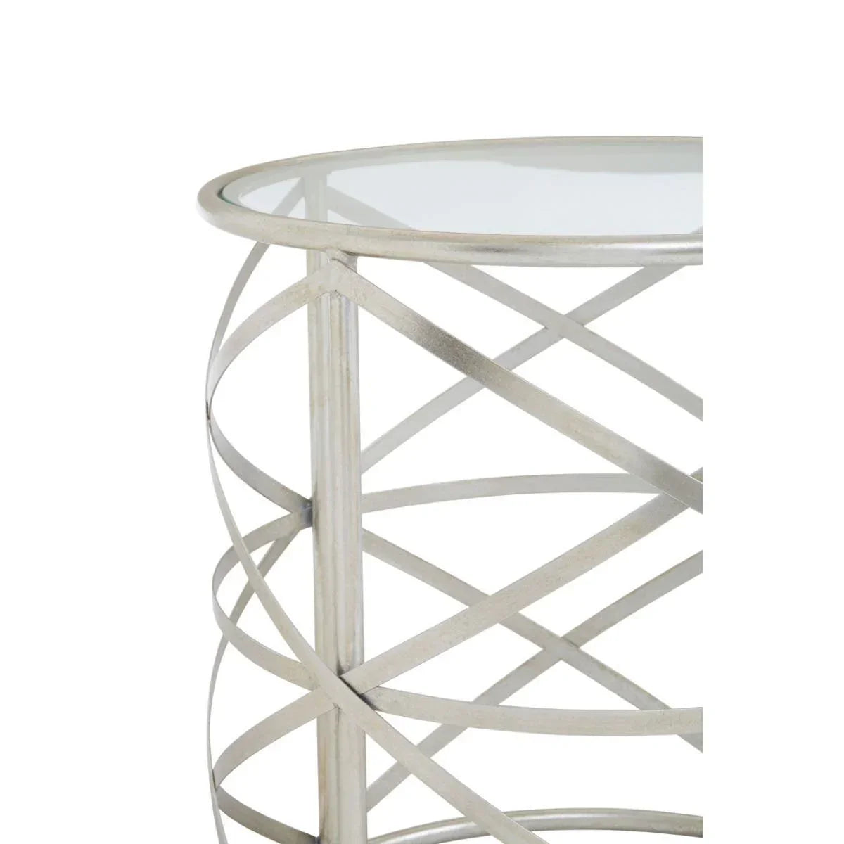 Round glass top side table with silver metal crosshatch frame, close up view