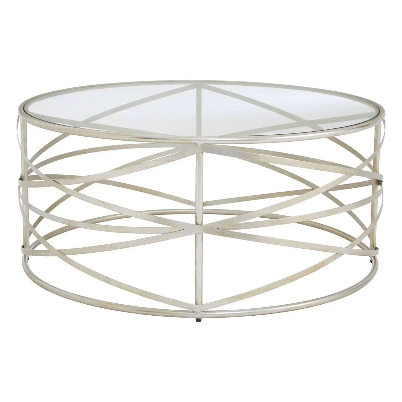 Round glass top coffee table with silver metal geometric base