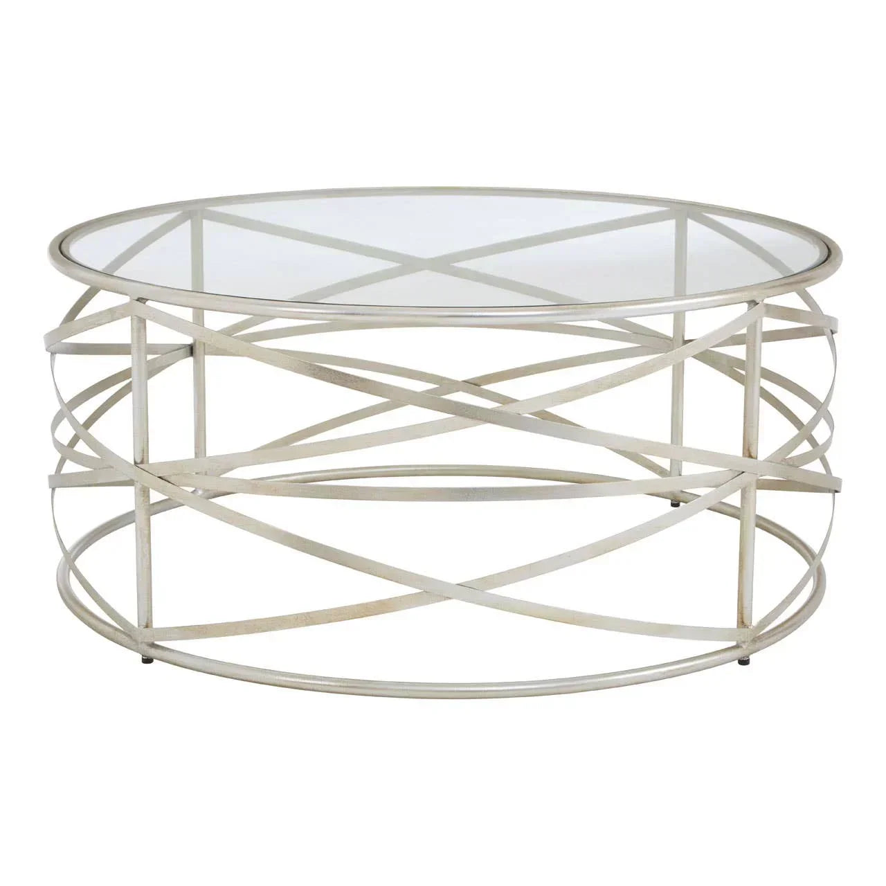 Round glass coffee table with silver metal geometric base