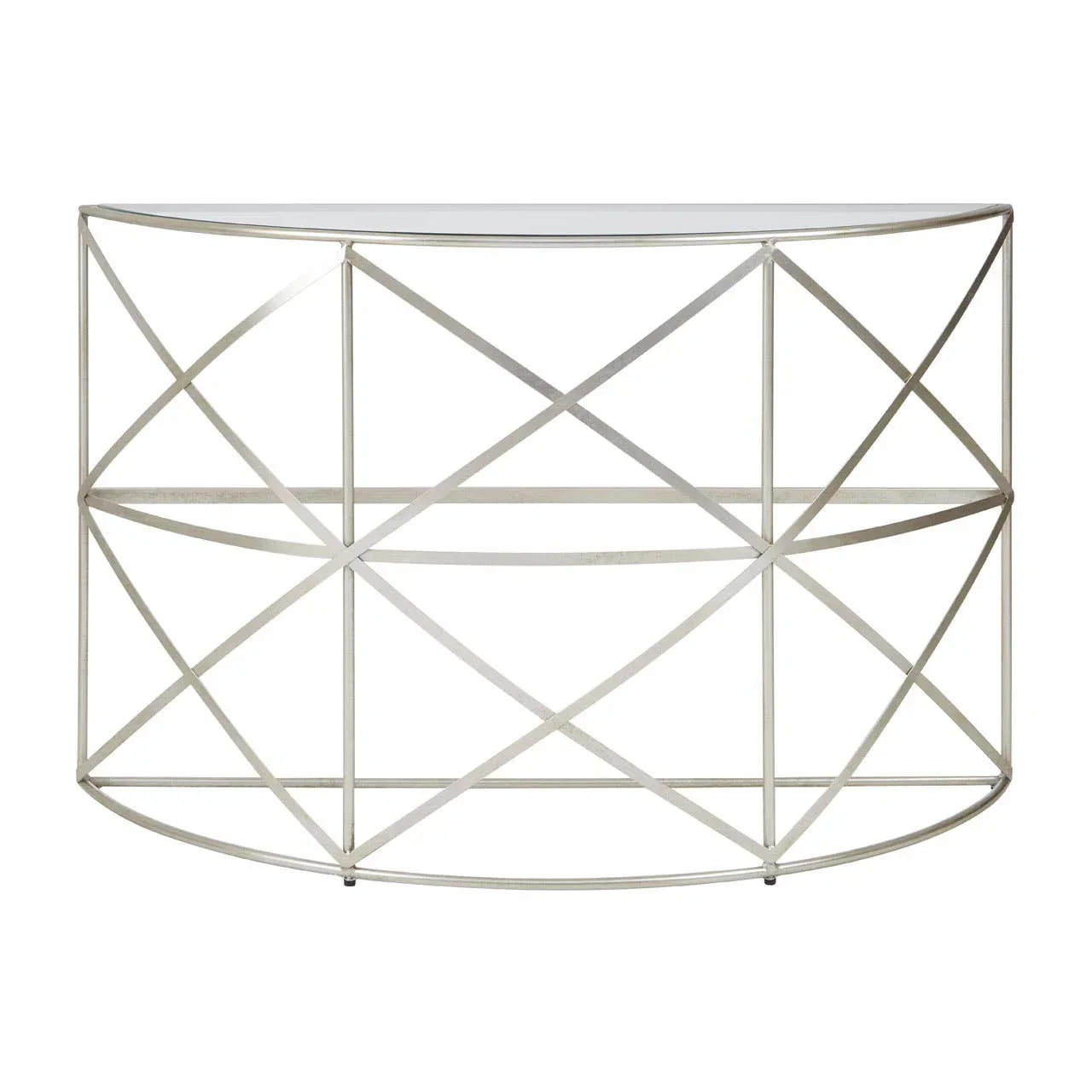 Metal console table with geometric frame and glass top, half-moon design, front view