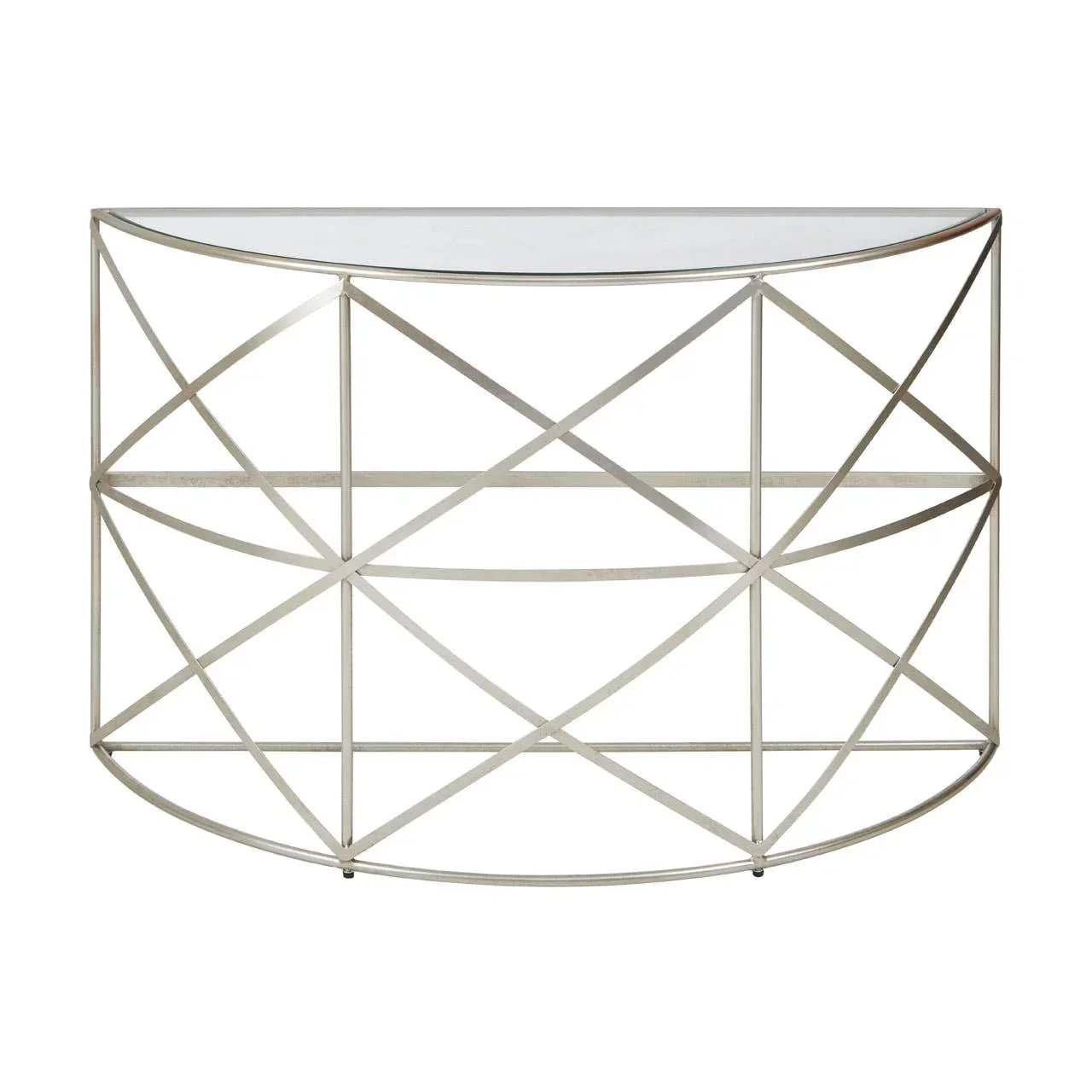Half moon console table with glass top and silver metal geometric frame, front view