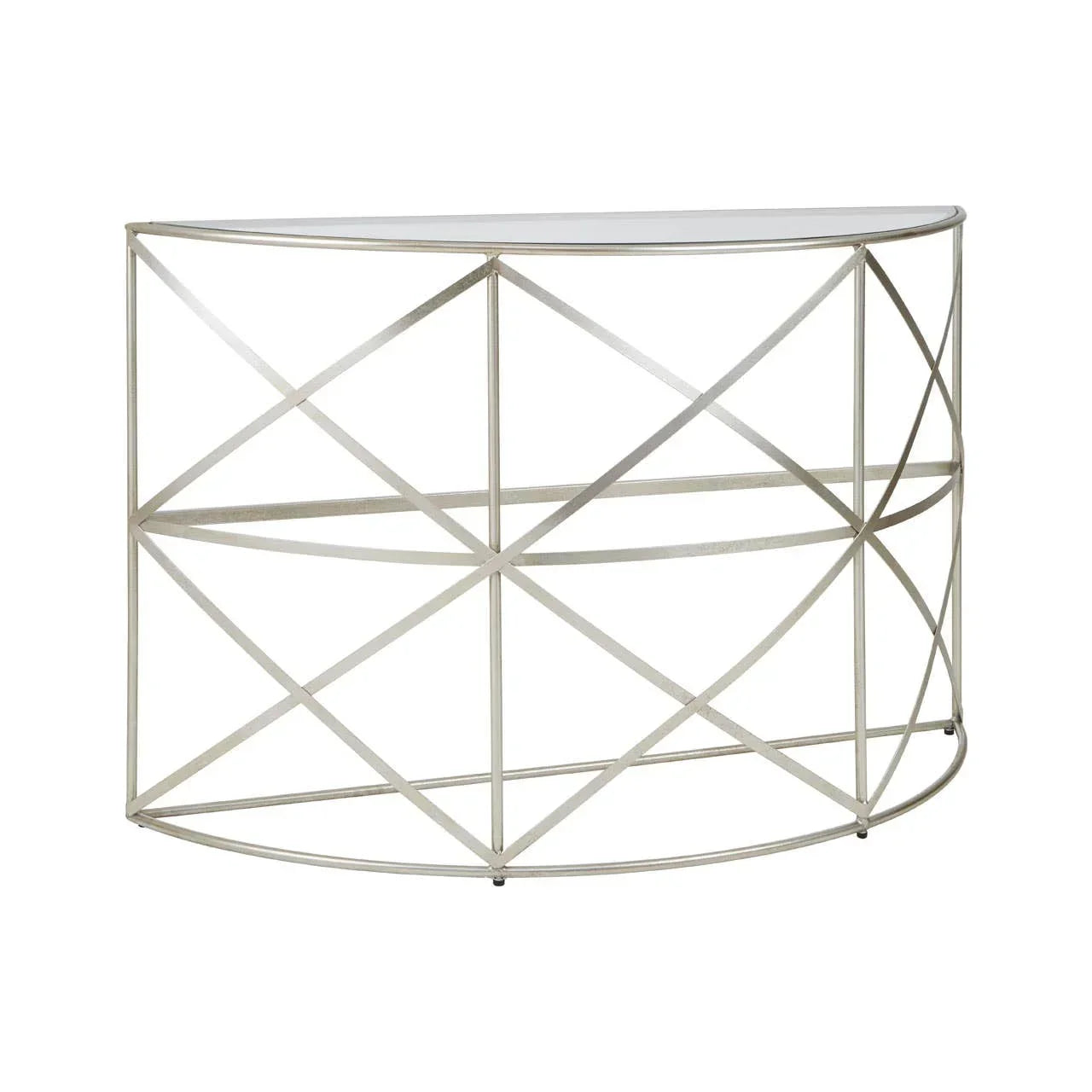 Silver metal console table with geometric frame and glass top, half-moon design