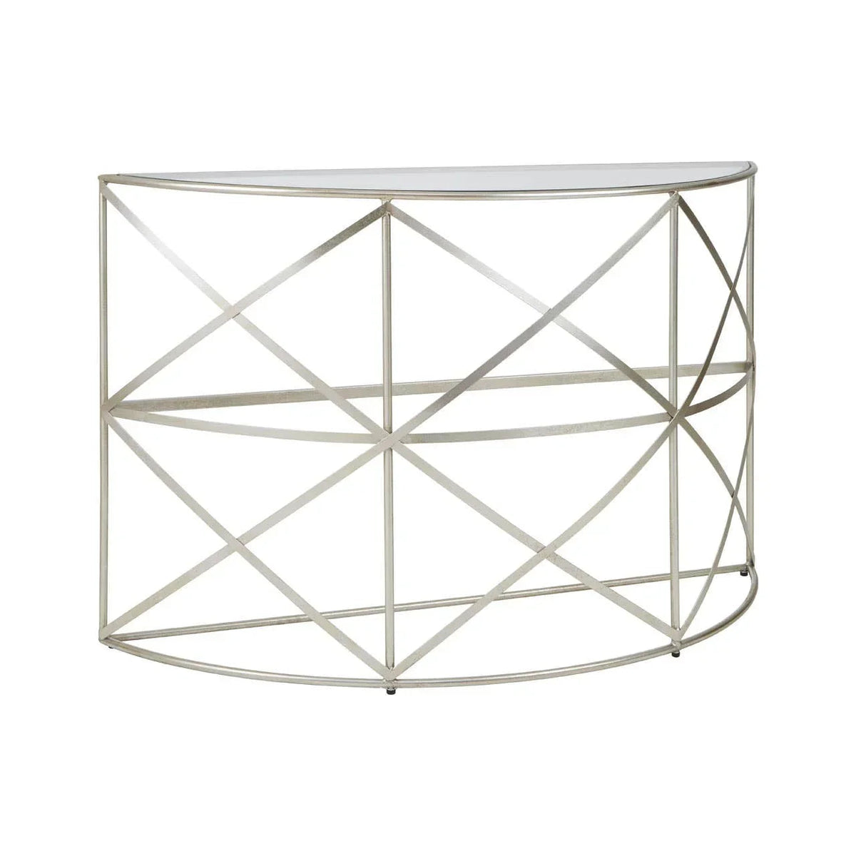 Silver metal demilune console table with glass top and crossed frame design