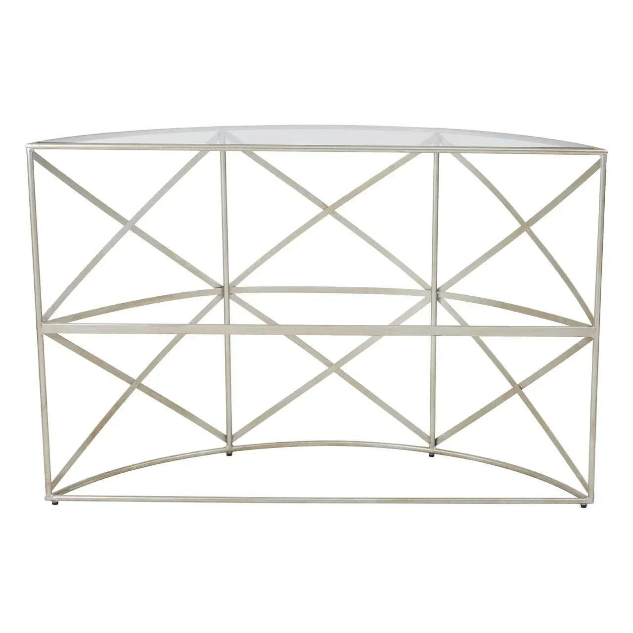 Glass console table with silver metal geometric frame, half-moon design, front view