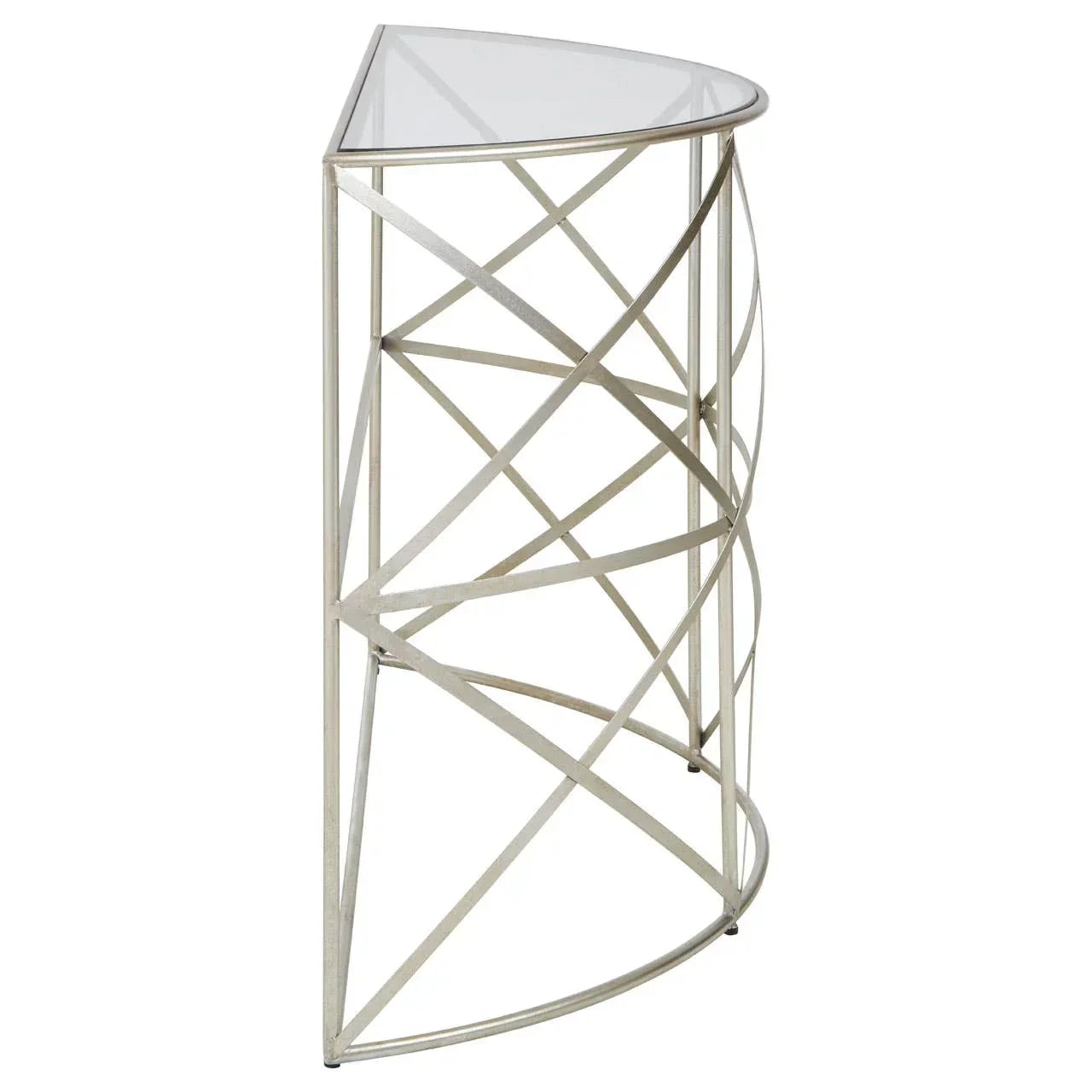 Half-moon console table with glass top and silver metal geometric frame side view
