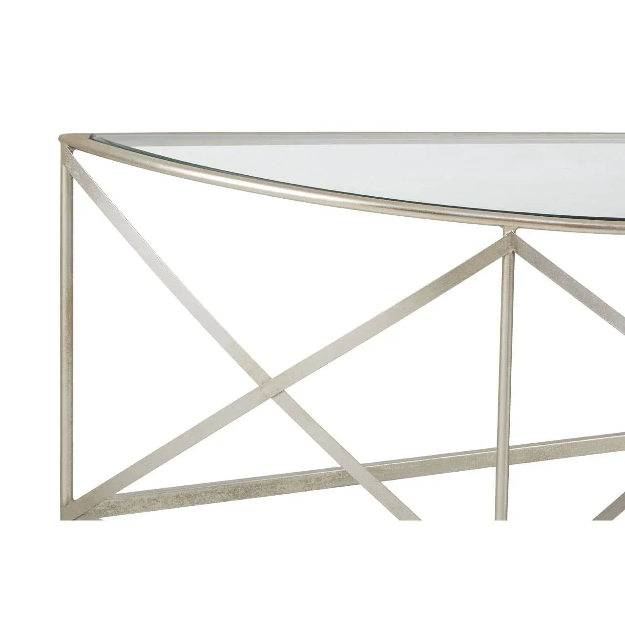 Glass console table with silver metal frame and geometric cross detail, side angle view