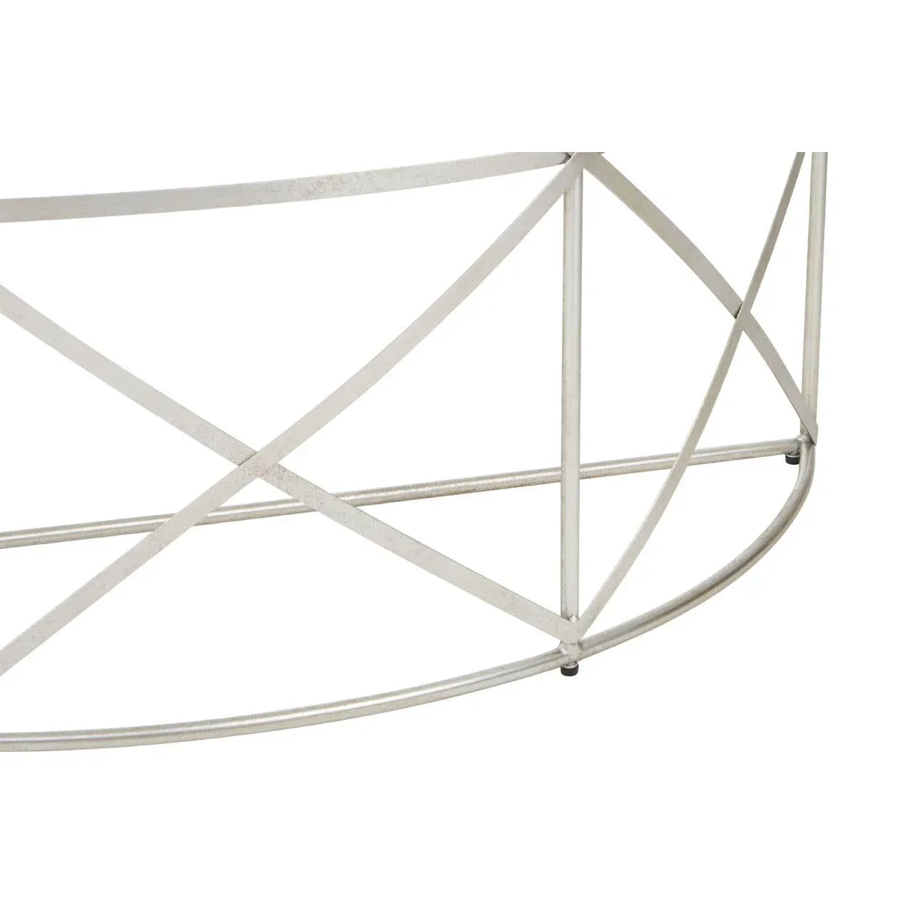 Silver metal coffee table base with geometric intersecting lines detail