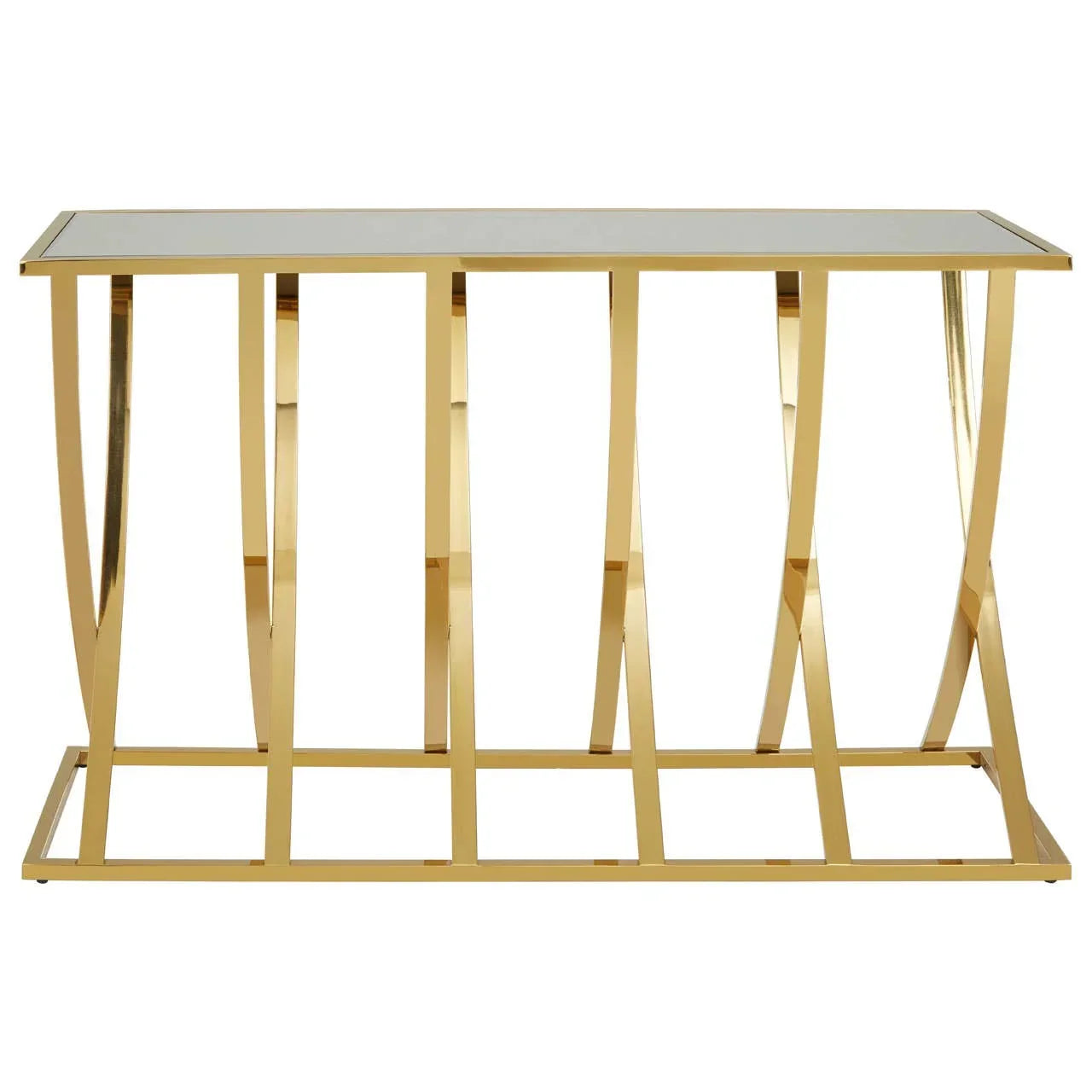 Gold metal console table with glass top and geometric base, photographed on white background