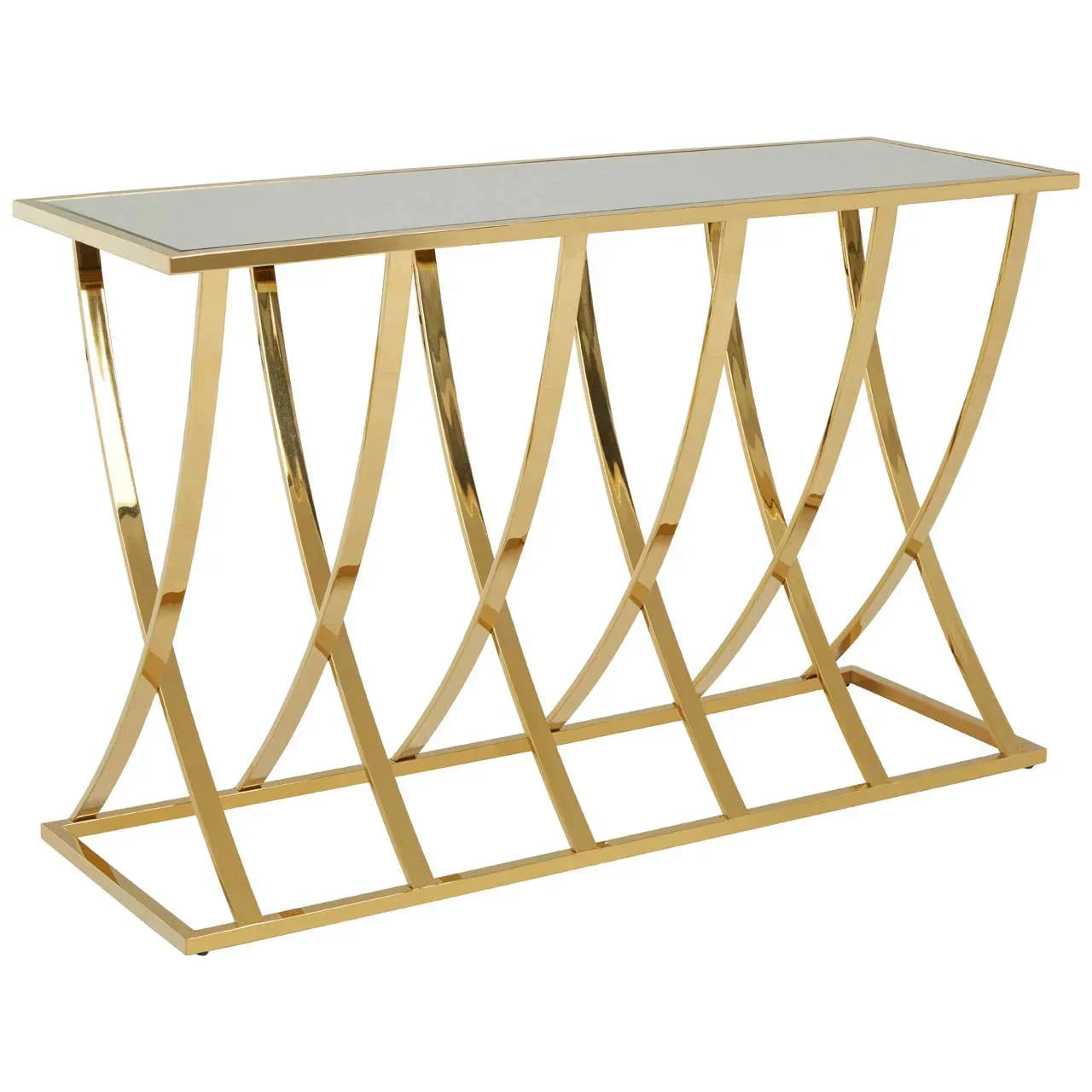 Gold metal console table with a rectangular glass top and curved base design