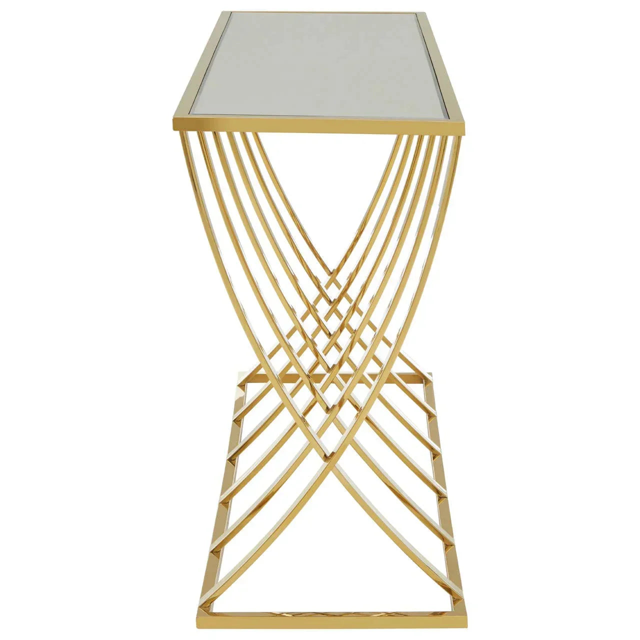 Gold metal side table with geometric crisscross base and rectangular glass top