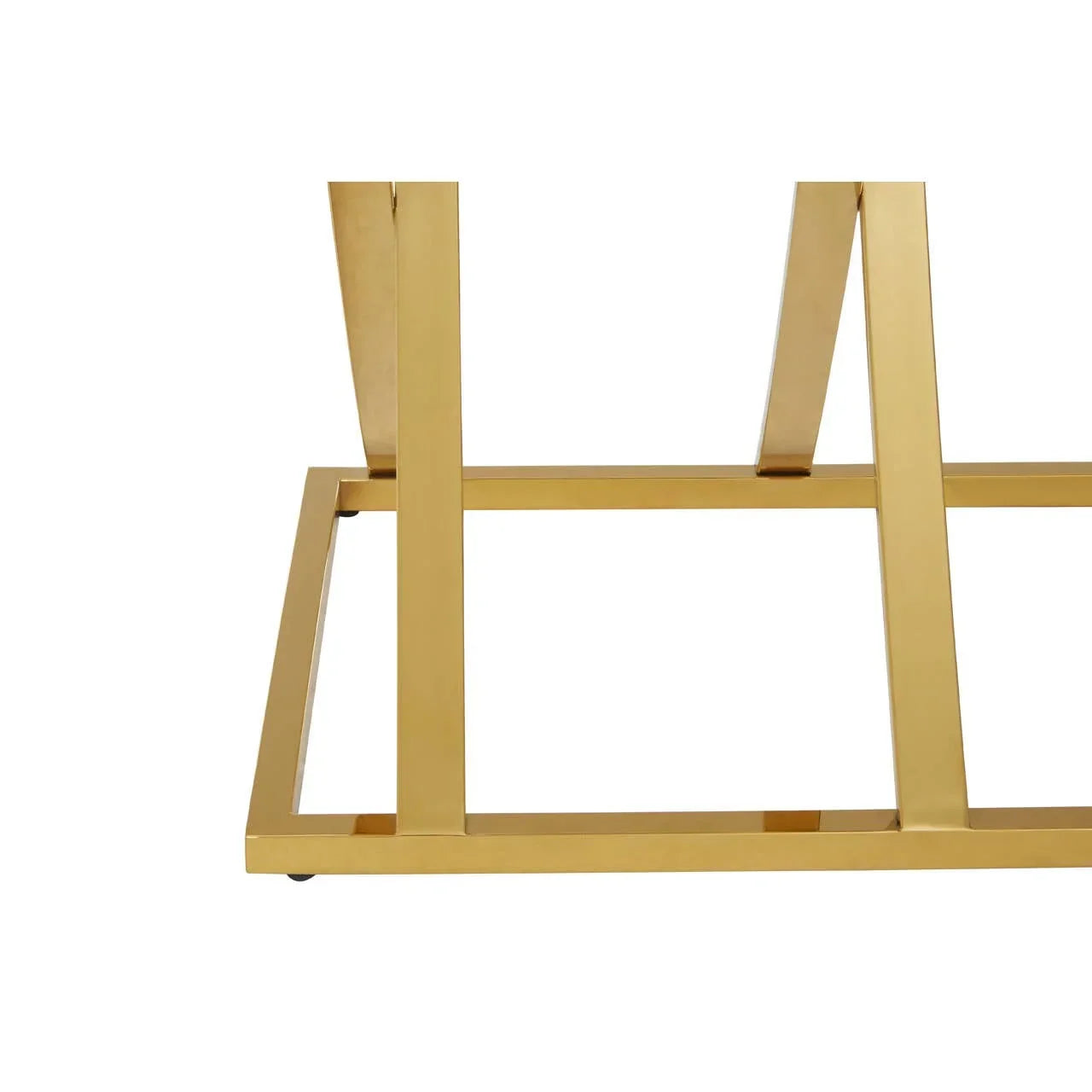 Gold metal dining table base with modern rectangular frame, side angle view