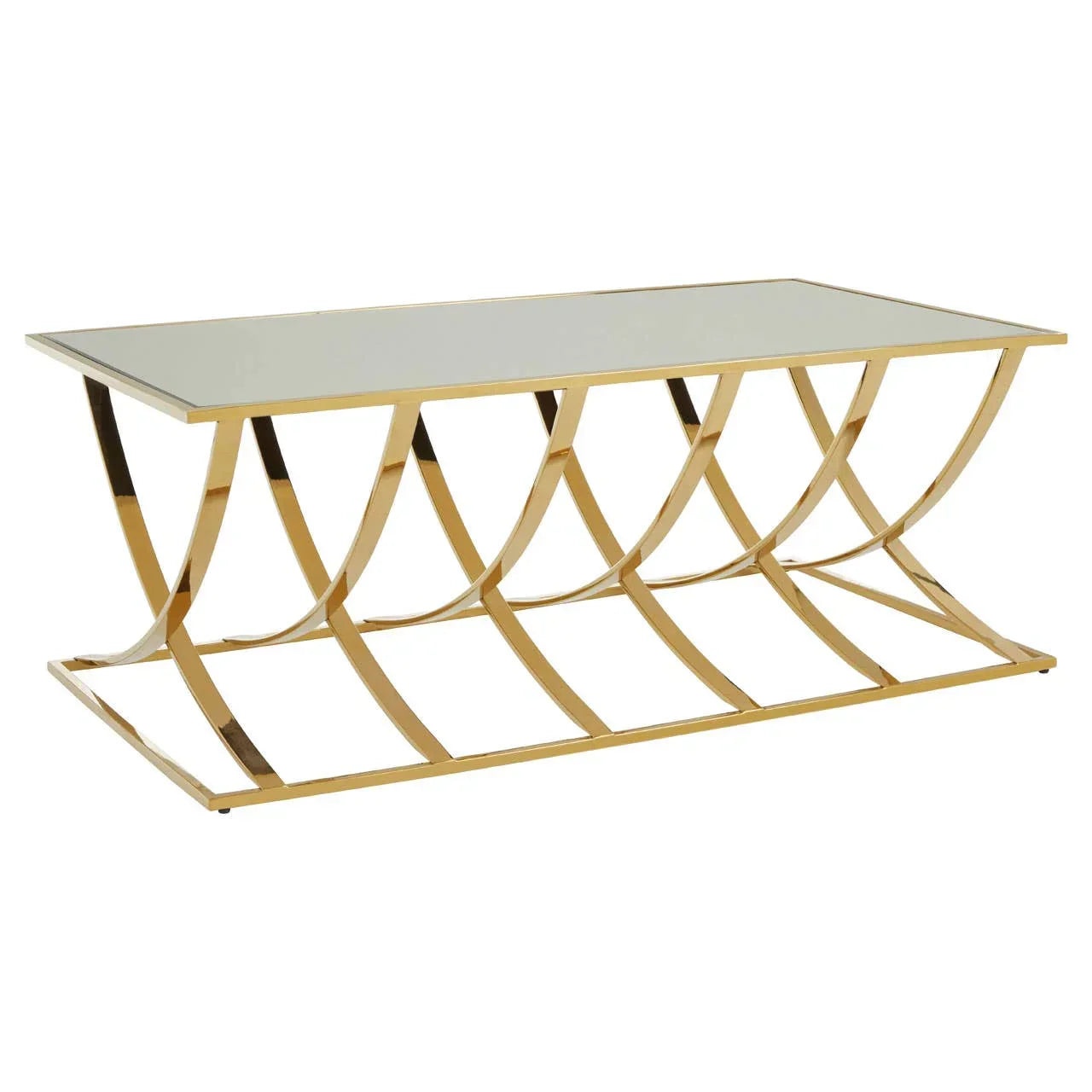 Glass top coffee table with gold metal geometric base, angled side view