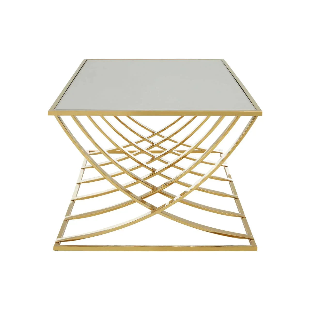Square glass top coffee table with gold metal geometric base, front view
