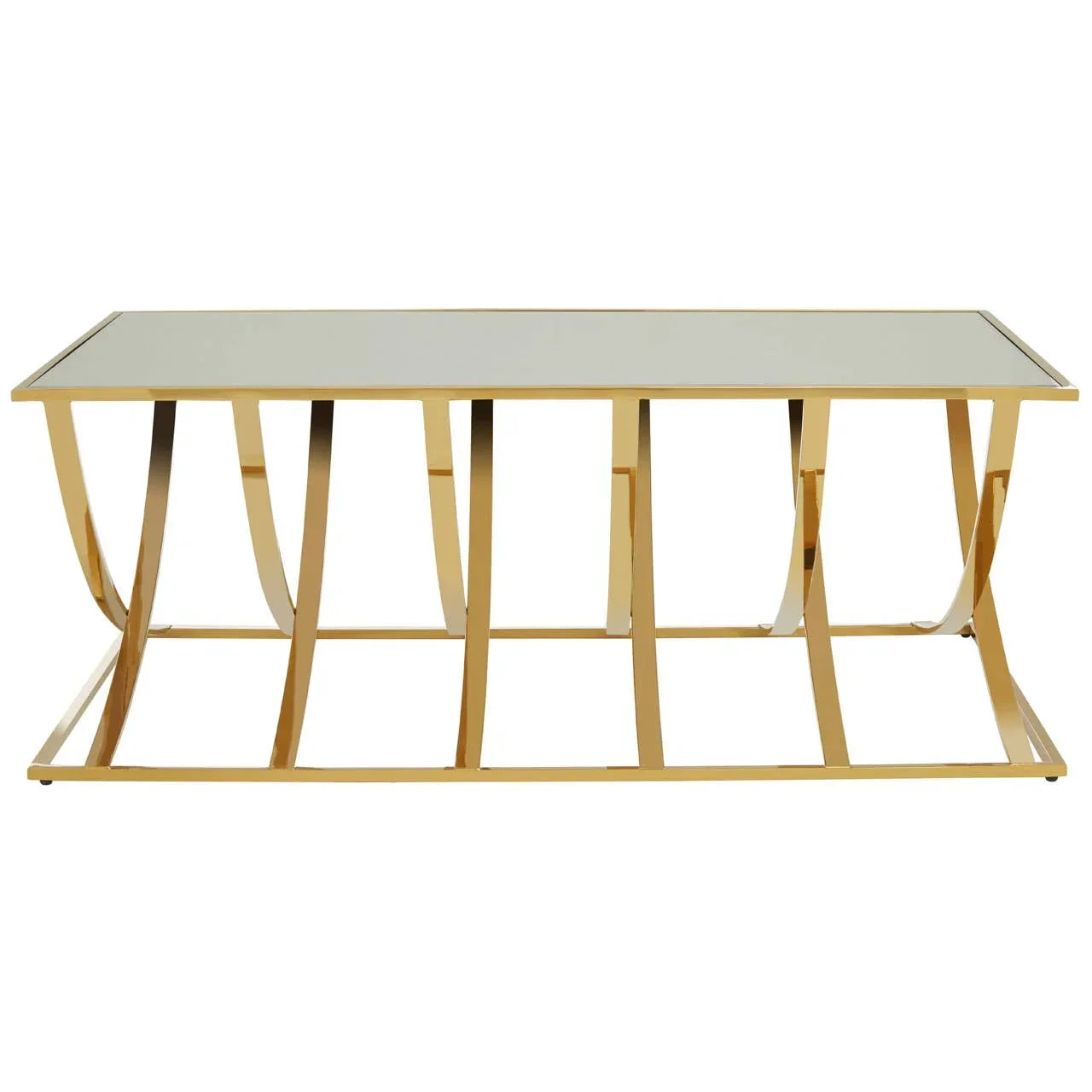 Gold metal coffee table with glass top and curved base, viewed from the front