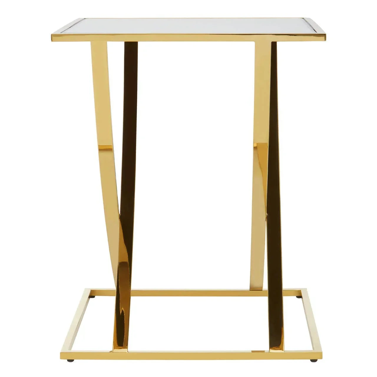 Gold metal side table with rectangular glass top and angled frame, front view