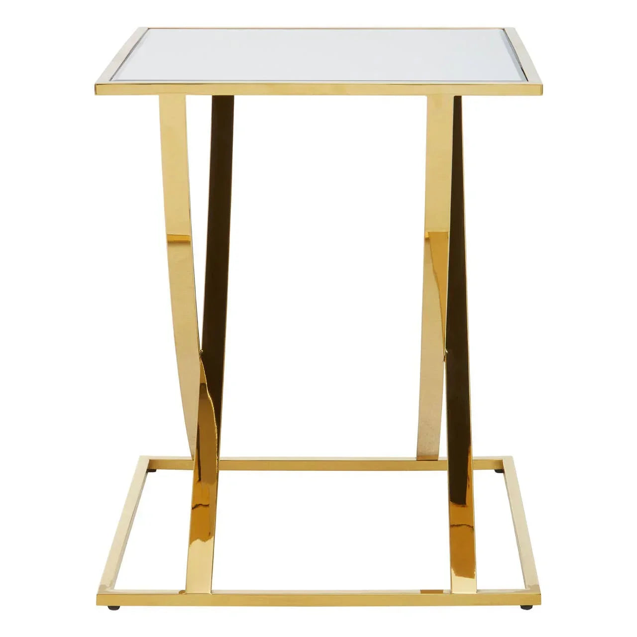 Gold metal side table with rectangular glass top and modern geometric base
