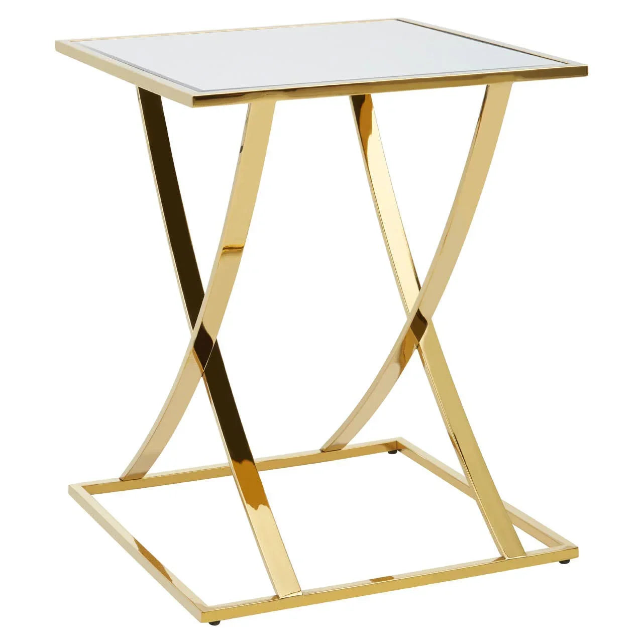 Gold metal side table with square white glass top and modern curved legs