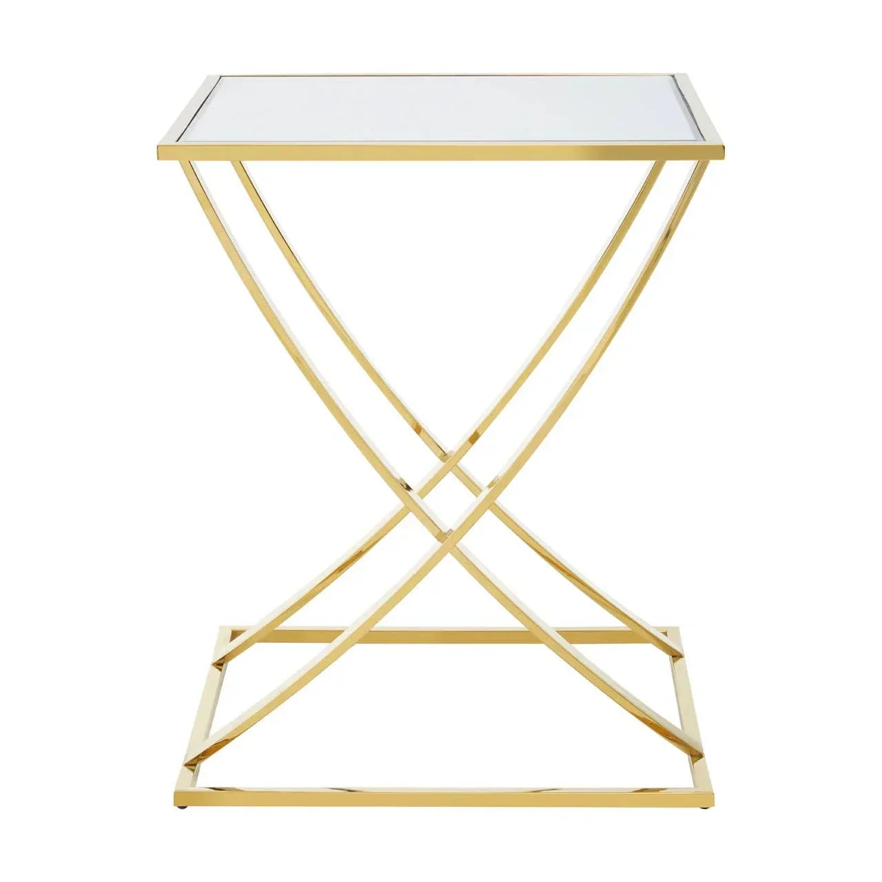 Gold metal side table with white glass top and crisscrossed frame design