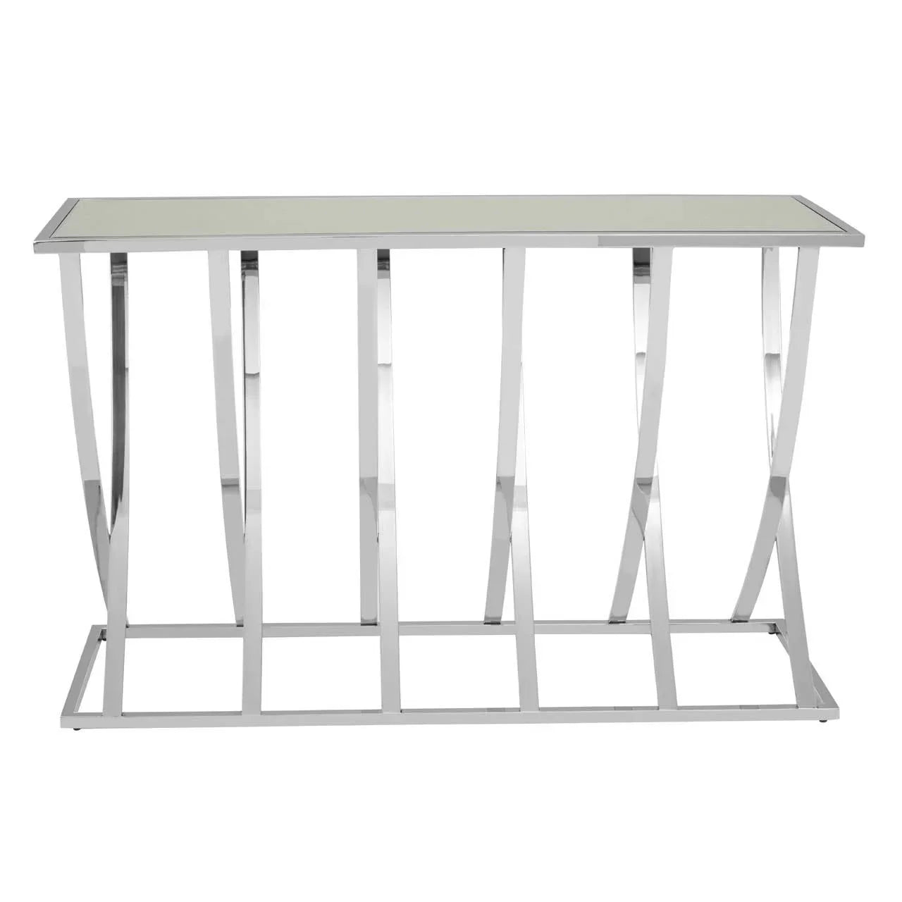 Glass top console table with chrome metal base and modern curved leg design