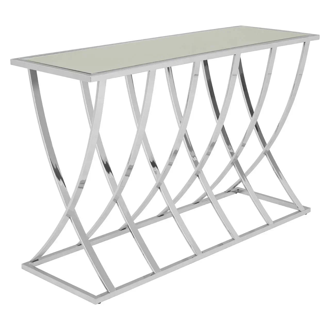 Modern console table with glass top and curved chrome metal frame