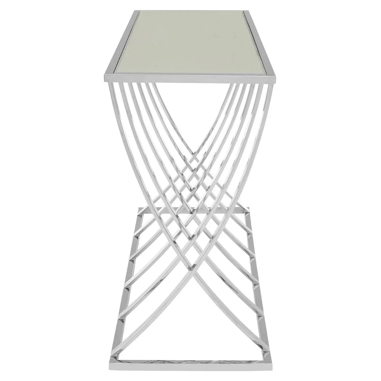 Rectangular glass top side table with chrome metal geometric base, front view
