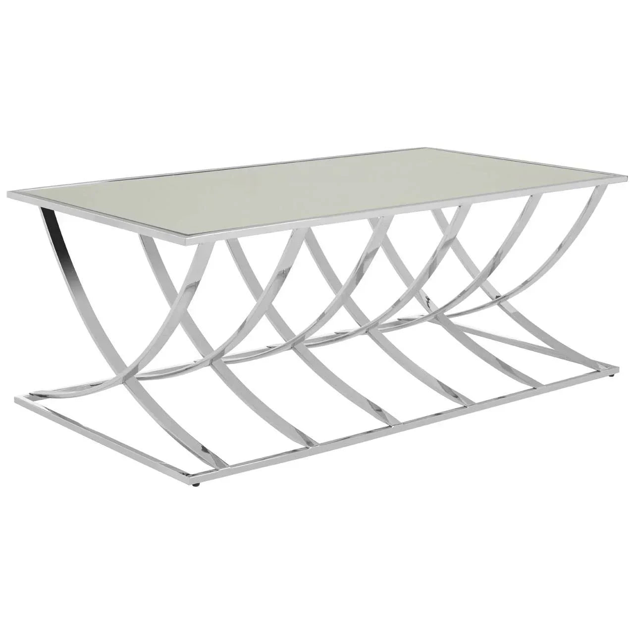 Glass coffee table with chrome curved frame and rectangular top