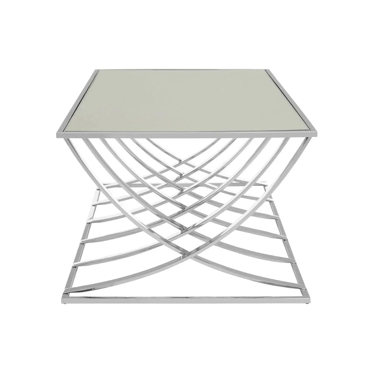 Square glass top side table with chrome metal base and geometric open frame design