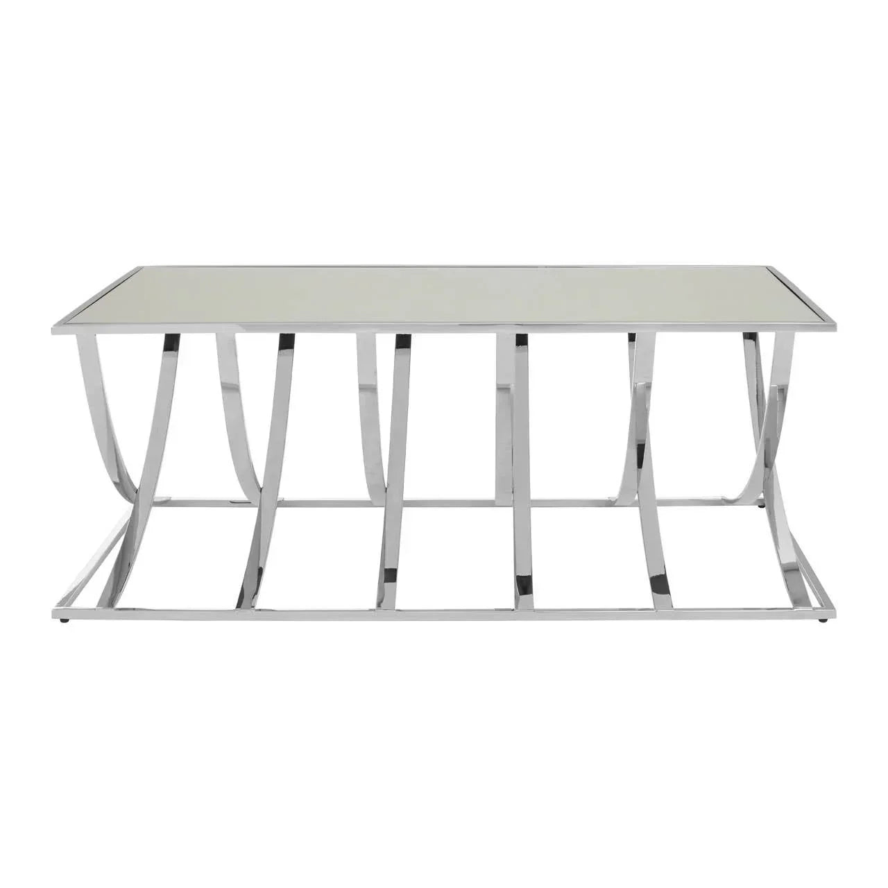 Rectangular glass coffee table with chrome metal curved frame and mirrored top