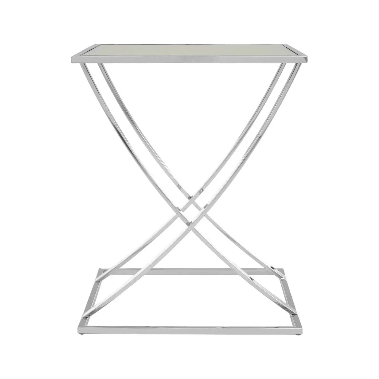 Chrome side table with rectangular glass top and geometric metal frame