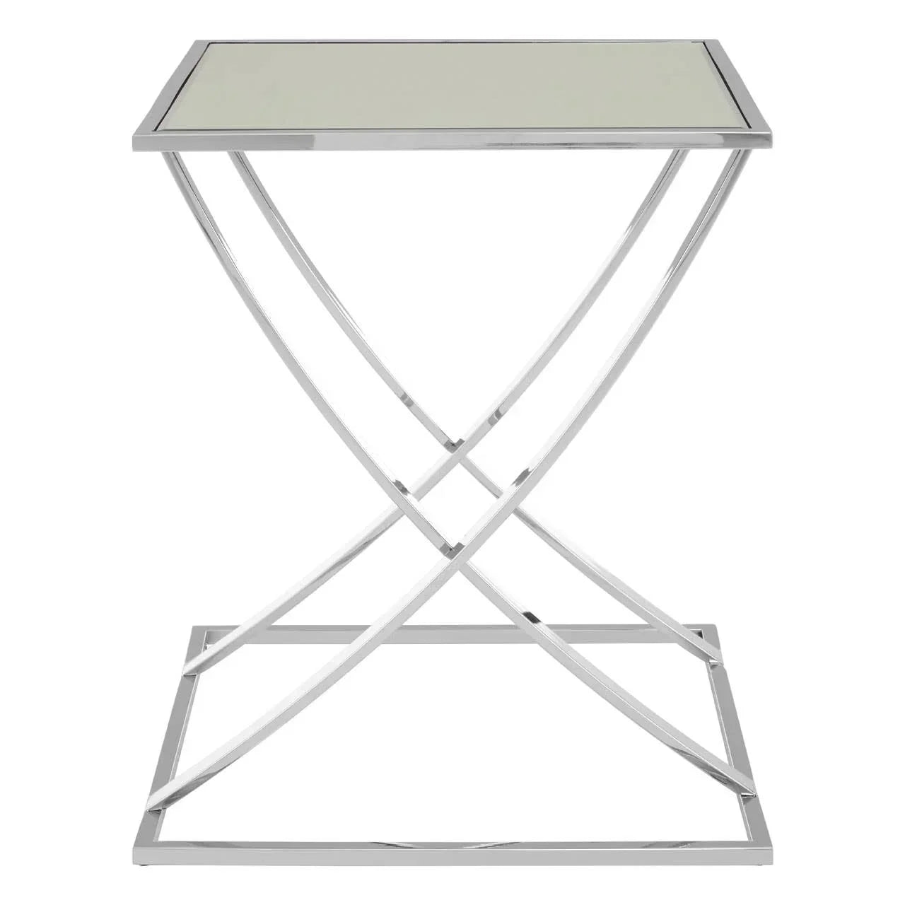 Chrome and glass side table with crossed metal legs and square base