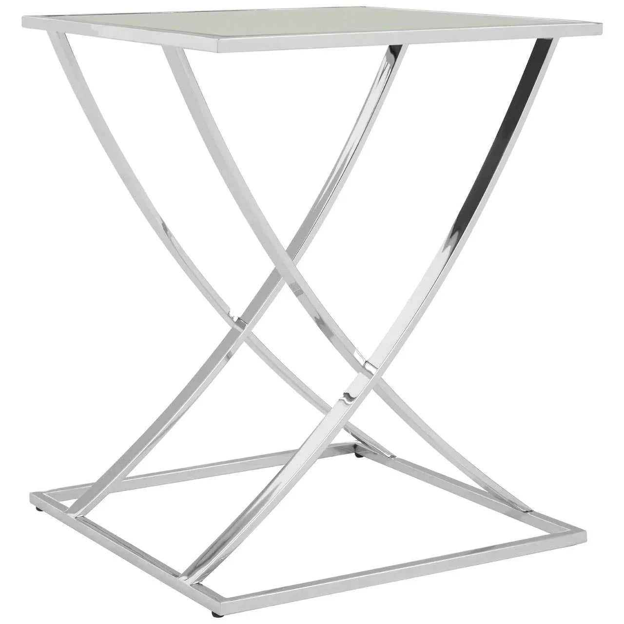 Contemporary chrome side table with glass top and crossed metal frame